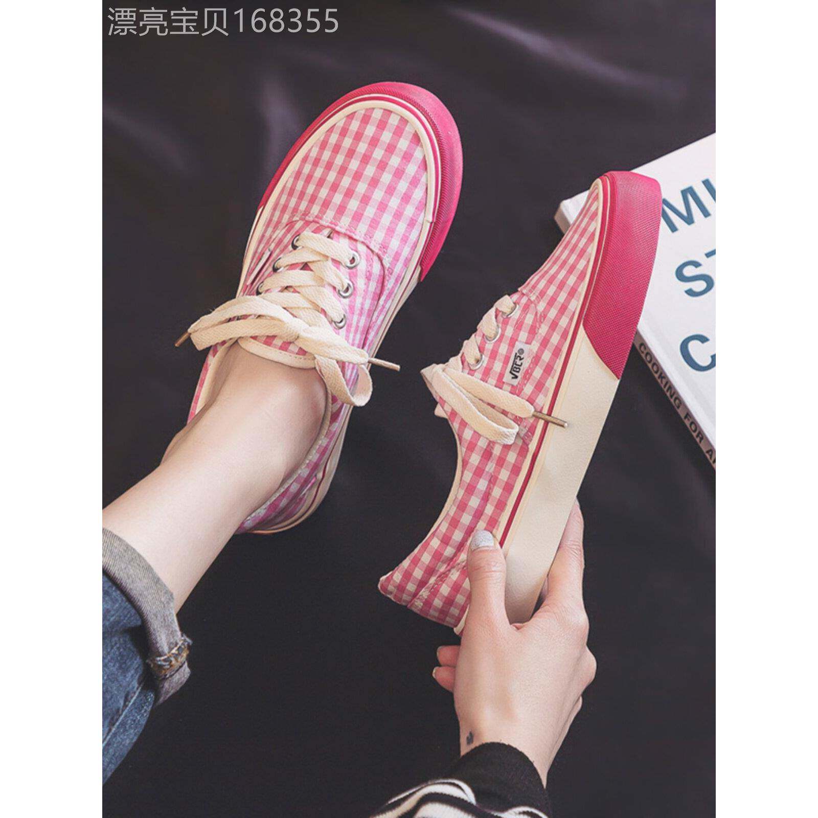 专柜正品OFF-MDNS真皮软底帆布鞋女夏粉红色格子百搭学生休闲鞋潮