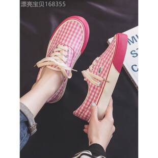 专柜OFF-MDNS真皮软底帆布鞋女夏粉红色格子百搭学生休闲鞋潮