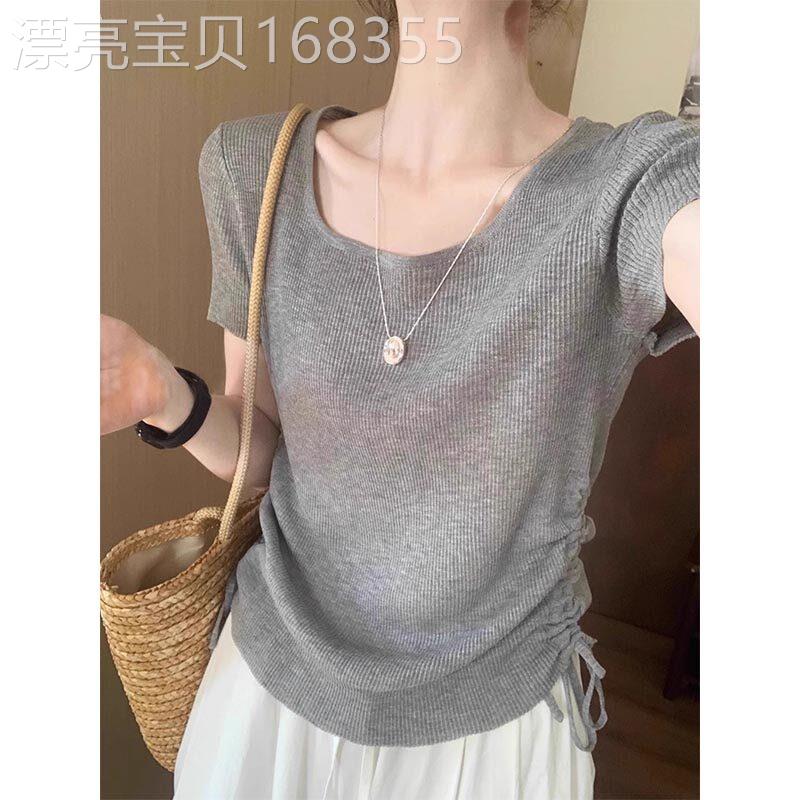 方领冰丝针织短袖t恤女夏季欧货抽绳T恤衫修身显瘦正肩绝美上衣