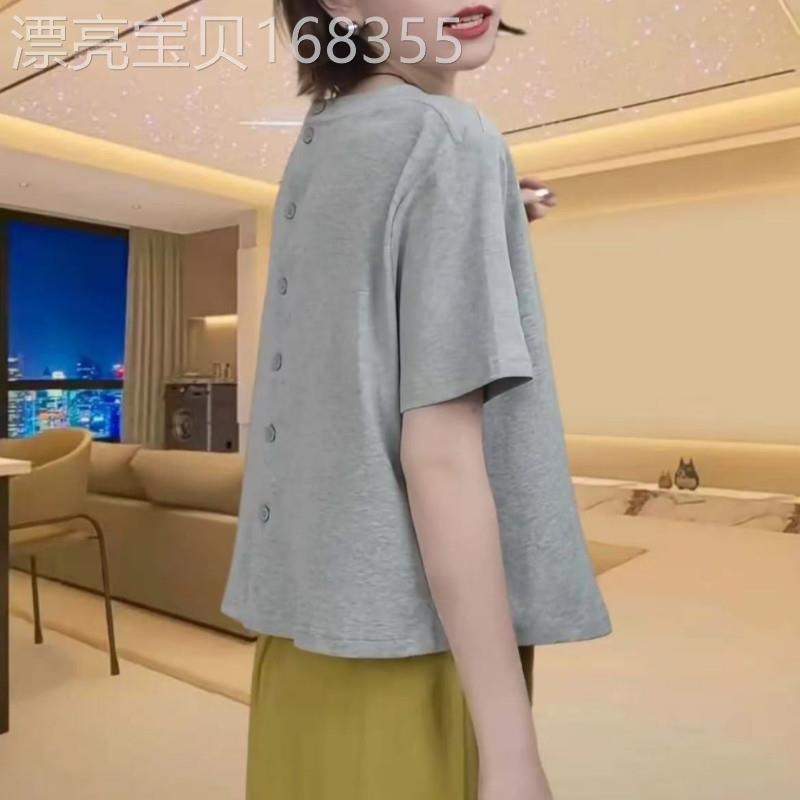 大码后背单排扣纯棉短袖t恤女夏装宽松休闲百搭设计感圆领上衣潮