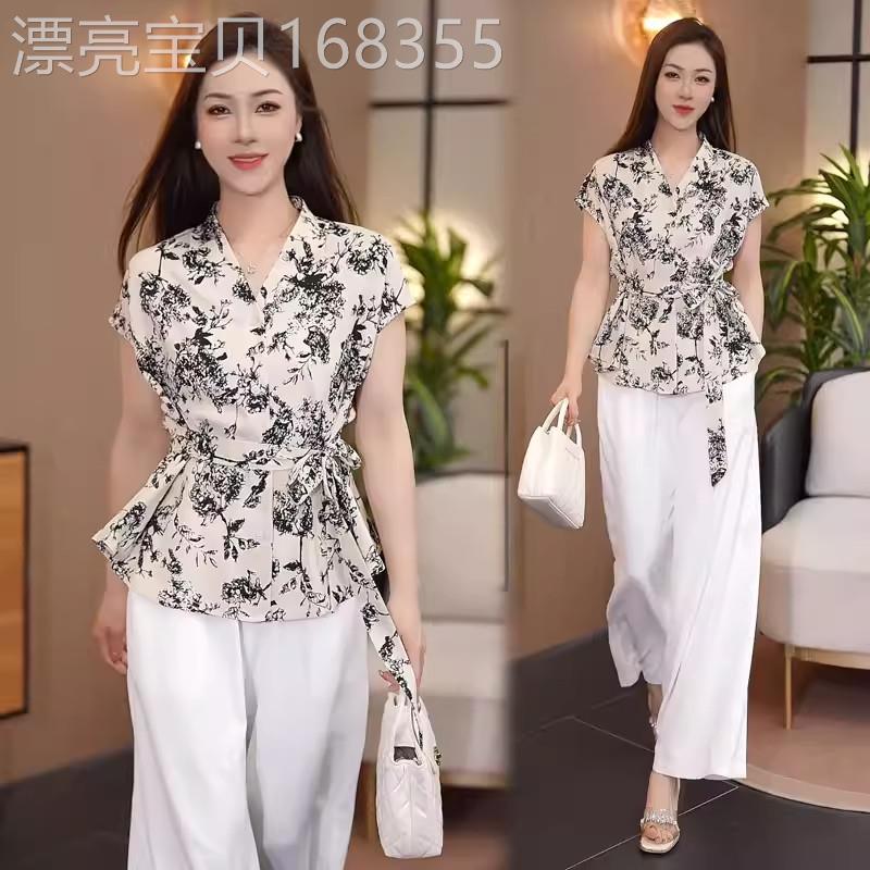 香港代购时尚套装女夏季新款时髦收腰V领碎花衬衫阔腿裤两件套潮
