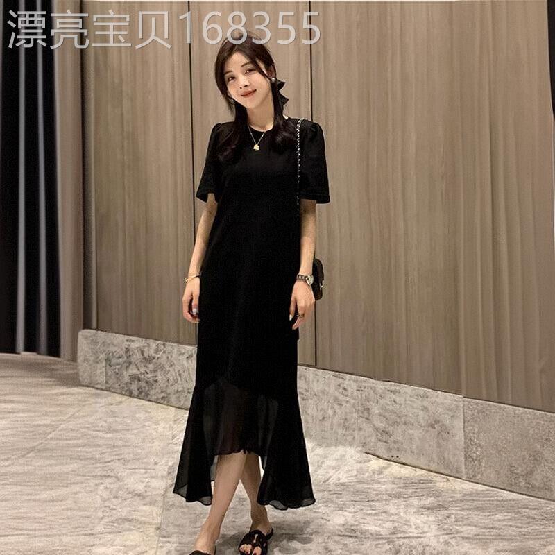 法式气质拼接短袖连衣裙女2026夏季新款宽松显瘦不规则鱼尾长裙子