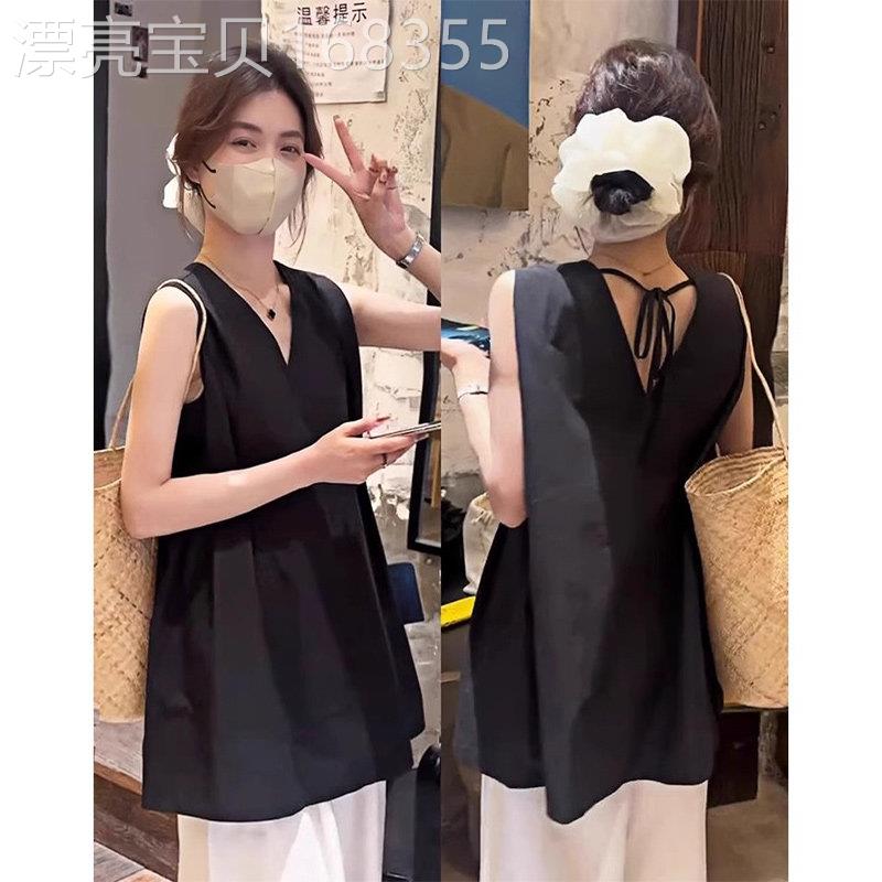老钱风黑色露背V领吊带背心女夏外穿洋派宽松遮肚娃娃衫无袖上衣