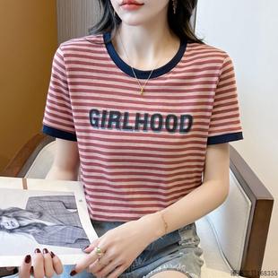 t恤女夏季 潮牌纯棉正肩短袖 宽松显瘦洋气百搭横条纹体恤印花上衣