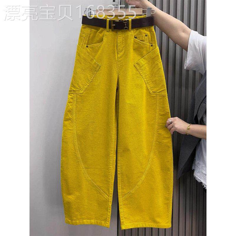 黄色灯芯绒阔腿裤女秋冬欧货时尚高腰显瘦直筒裤宽松休闲弯刀裤