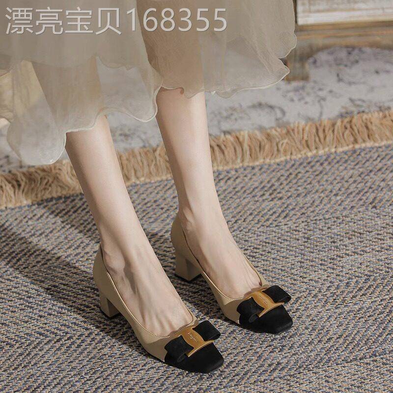 真皮包鞋女春夏2026新款小香风粗跟羊皮高跟鞋一字带方头包头女鞋