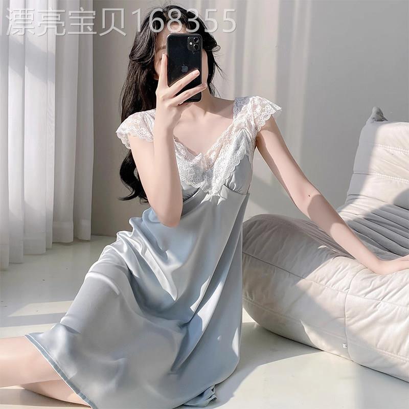 法式蕾丝花边性感睡裙女夏季薄款凉感家居服纯欲风带胸垫冰丝睡衣