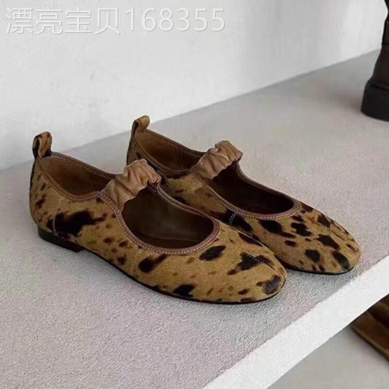 香港复古马毛圆头豹纹芭蕾舞玛丽珍单鞋女2026夏季新款一字带皮鞋