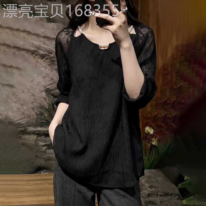 轻熟风黑色长袖蕾丝拼接上衣女2026年春季新款设计感气质大码衬衫