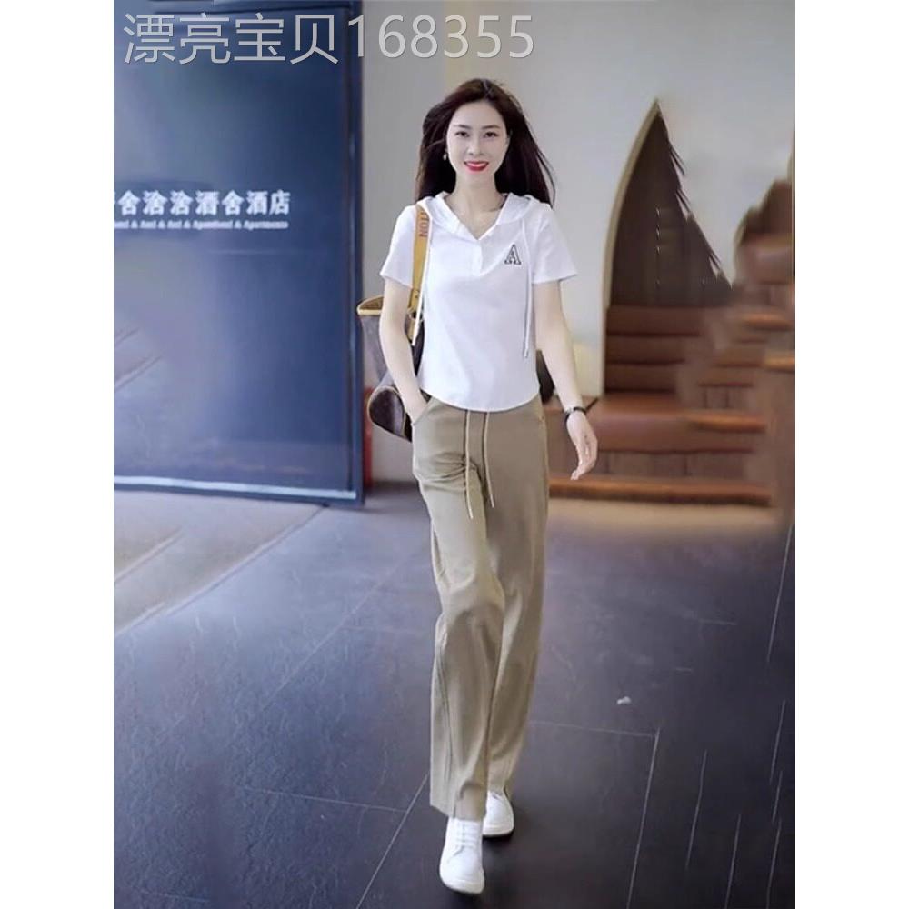 休闲运动服套装女夏季短袖连帽T恤上衣高腰阔腿裤显瘦减龄两件套