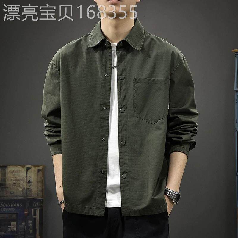 意大利高端男士纯棉翻领长袖衬衫秋季2026新款军绿色百搭休闲外套