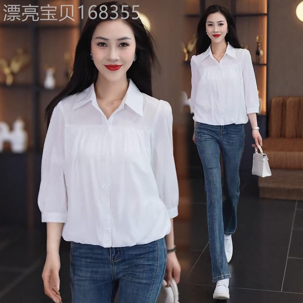 爆款七分袖衬衣女宽松遮肚子短款上衣2026春夏装衬衫设计感打底衫