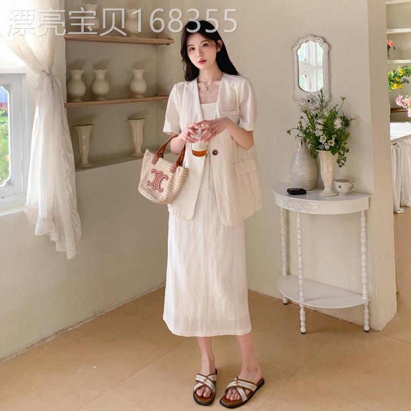 米色气质高级感西装套装女2026夏季轻薄棉麻短袖西服半身裙两件套
