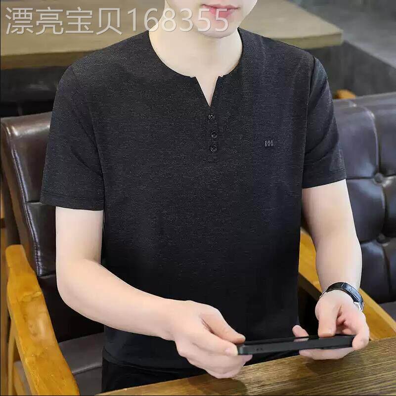 冰感短袖T恤男士夏季新款V领钮扣半袖打底衫中年青年休闲潮流上衣
