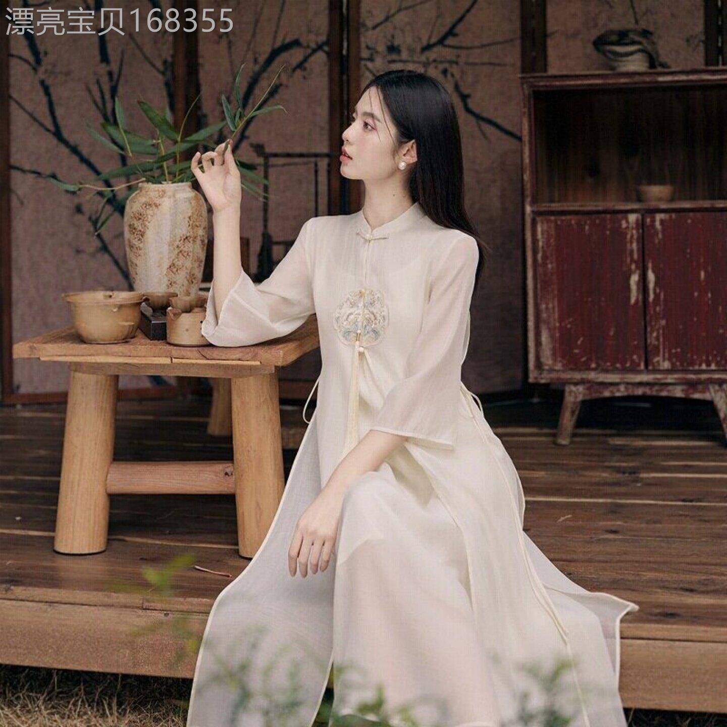 新中式套装连衣裙女装夏季2026新款禅意清冷感刺绣旗袍两件套茶服