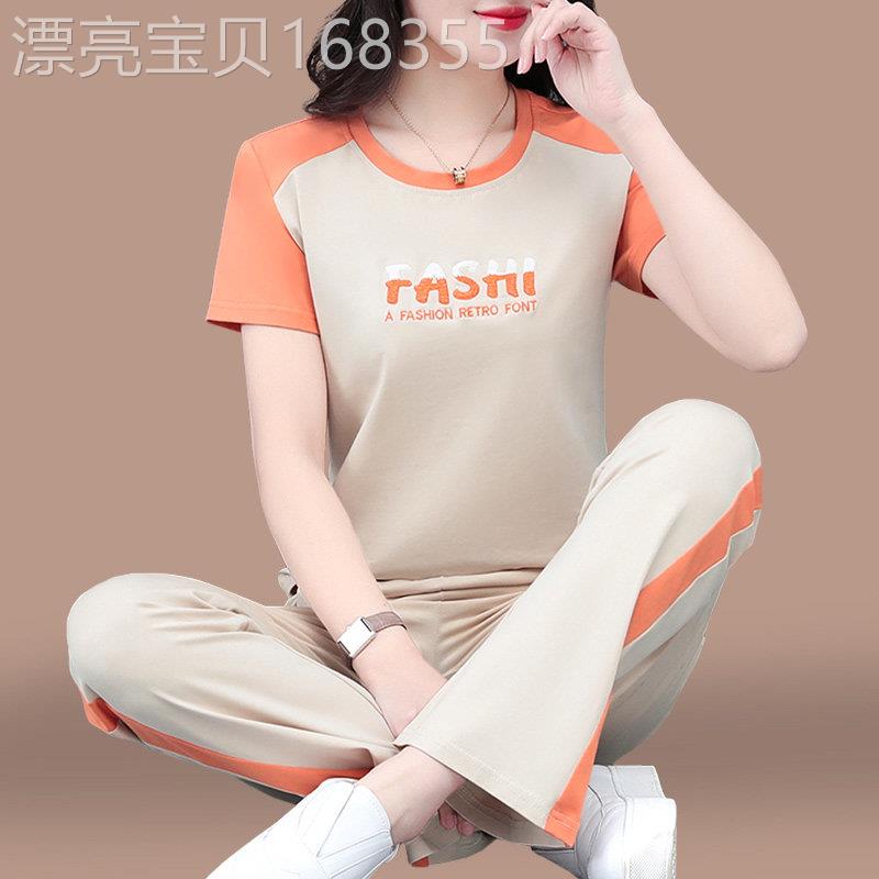 运动短袖套装女夏季薄款2026新款宽松显瘦妈妈洋派休闲纯棉两件套