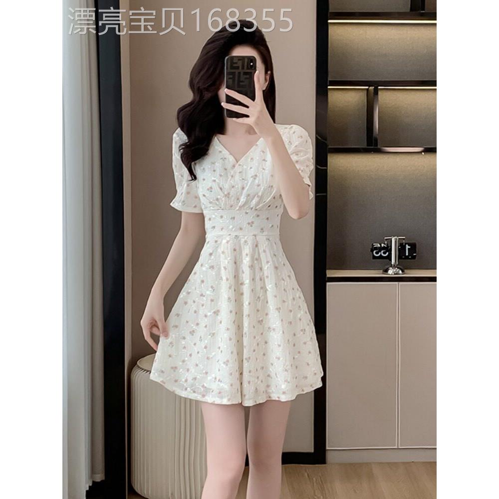 轻奢小清新V领碎花雪纺连衣裙女夏小个子束腰高级感气质漂亮短裙