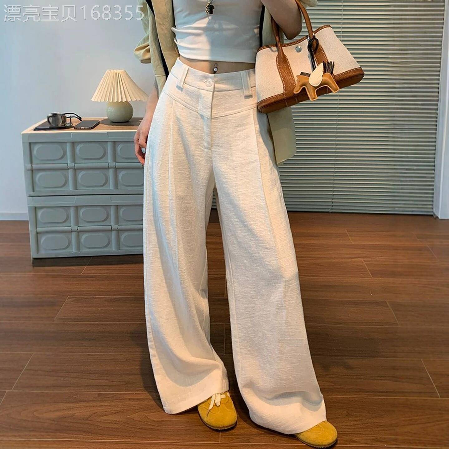 潮牌高腰显瘦白色亚麻宽裤女夏季2026年新款慵懒垂感西装直筒裤