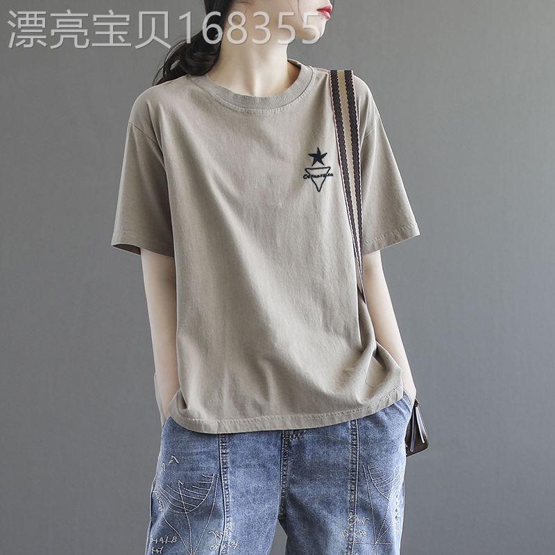 纯棉短袖t恤女夏季2026新款宽松韩版复古文艺半袖刺绣T恤上衣潮