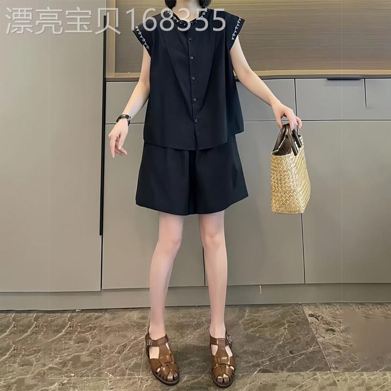 潮牌法式时尚新款套装2026夏季大码胖MM刺绣小飞袖衬衫短裤女套装