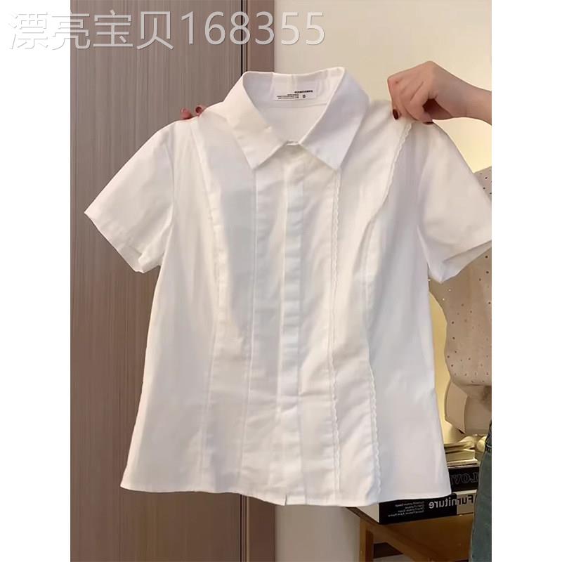 白色甜美风POLO领短袖衬衫女夏季欧货百搭修身收腰学院风通勤上衣