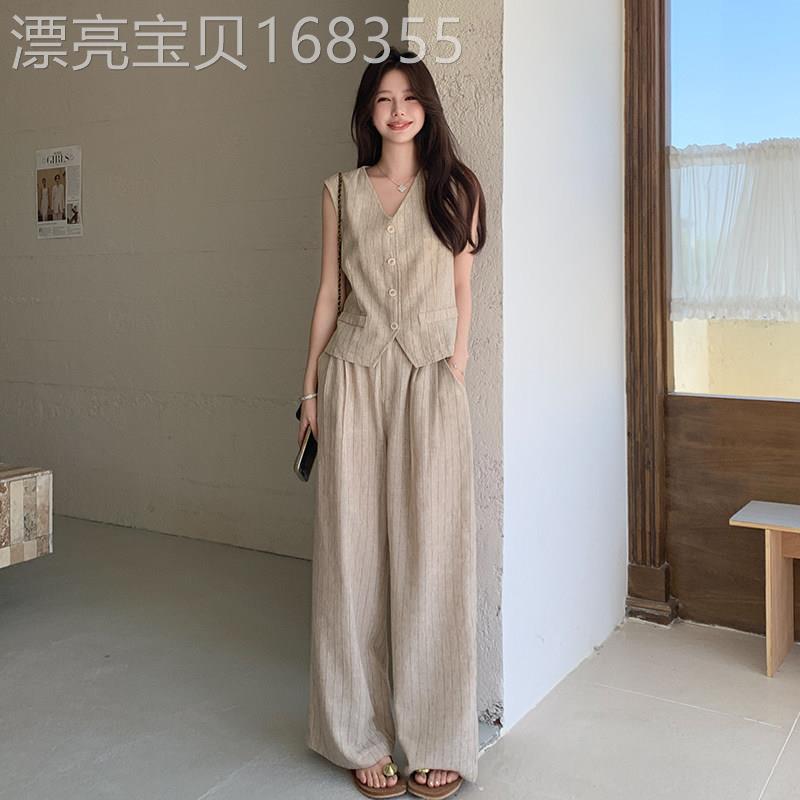 卡其色条纹气质套装女夏季2026新款高级感老钱风马甲阔腿裤两件套