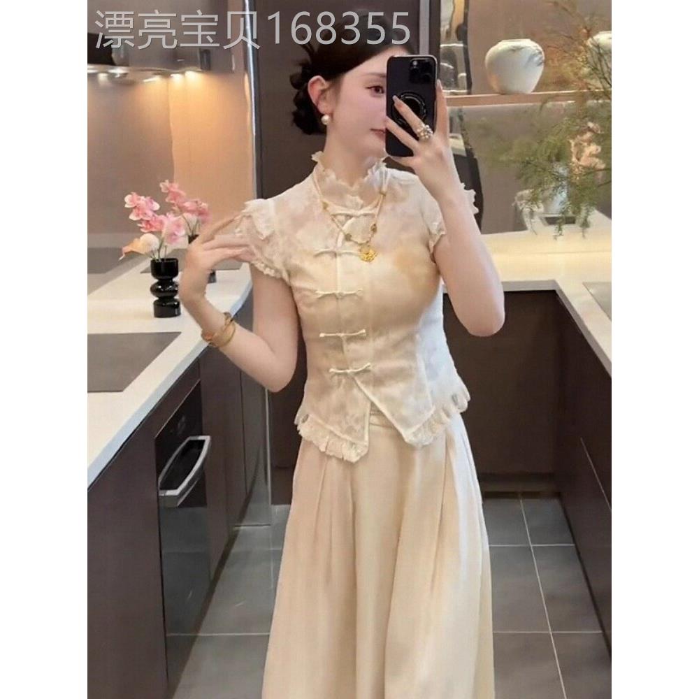 新中式国风套装女夏季2025新款穿搭一整套旗袍上衣阔腿裤改良汉服