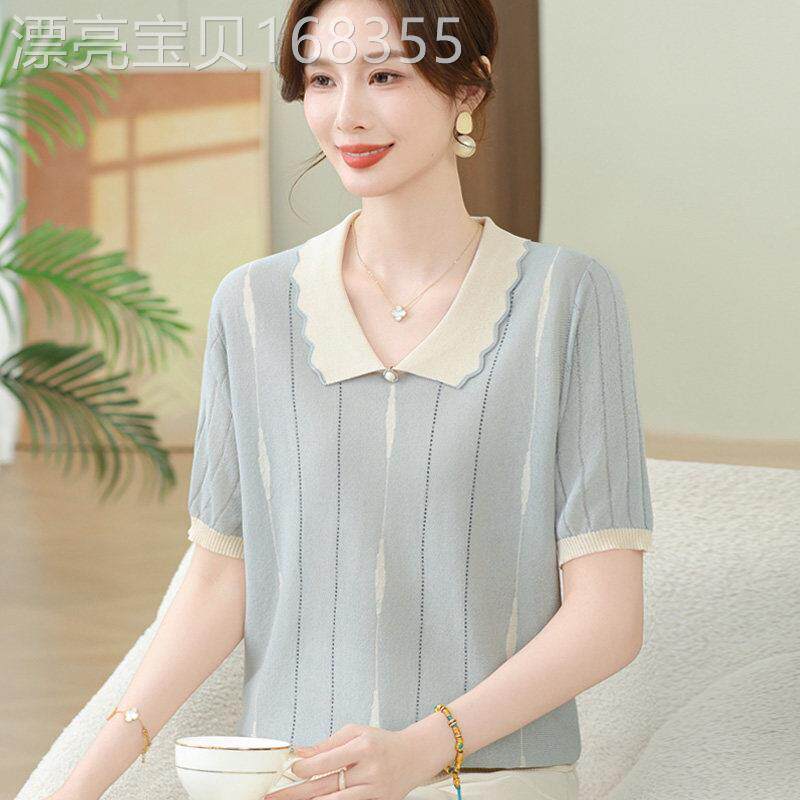 中老年妈妈冰丝翻领短袖T恤女夏装薄款2026新款宽松大码时尚上衣