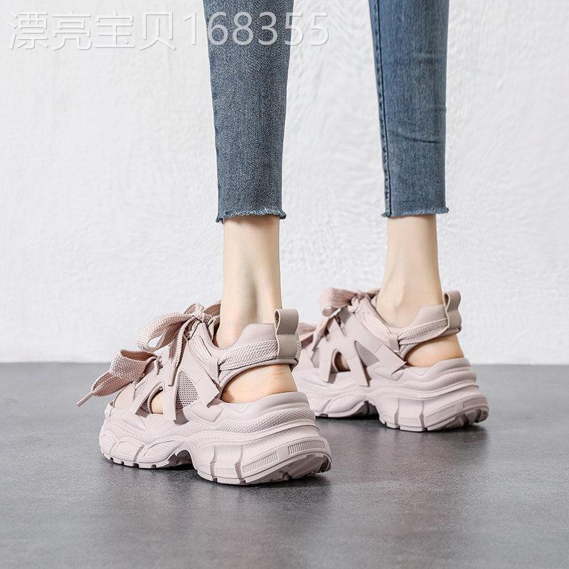 真皮露趾运动凉鞋女夏季2026新款网面透气系带休闲鞋松糕底老爹鞋