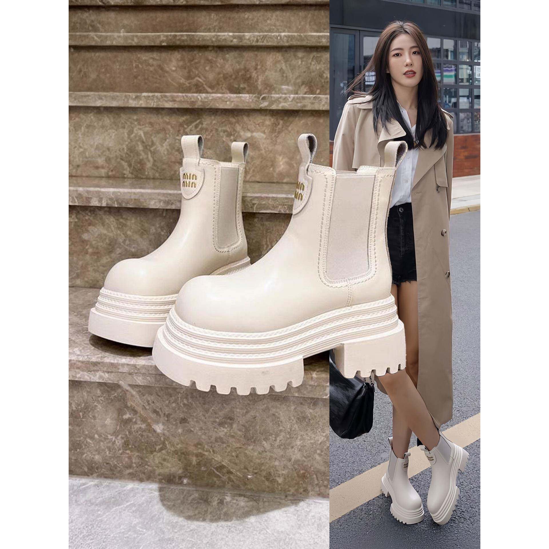 香港真皮白色马丁靴字母小个子厚底增高烟筒靴女切尔西靴松糕短靴