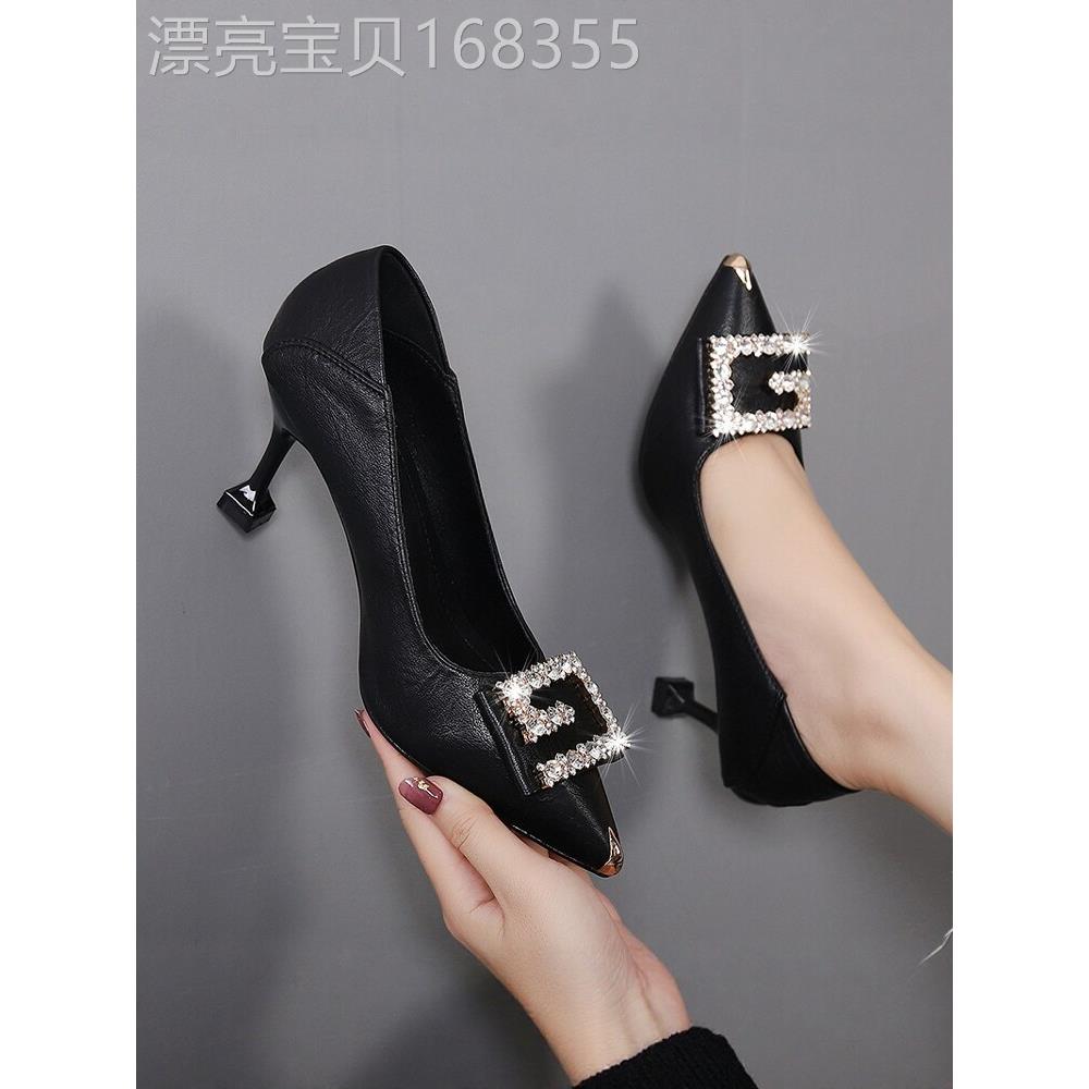 【港风名品】真皮小跟单鞋女春秋百搭细跟皮鞋浅口中跟尖头高跟鞋