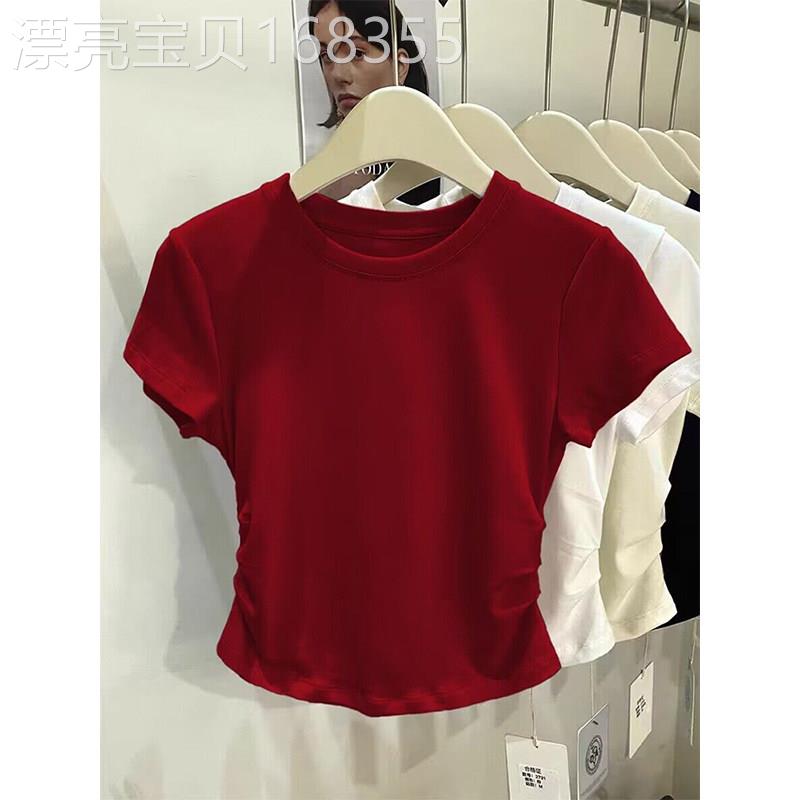 女士短袖女t恤夏季T恤2026新款洋派百搭修身显瘦高级感红色上衣