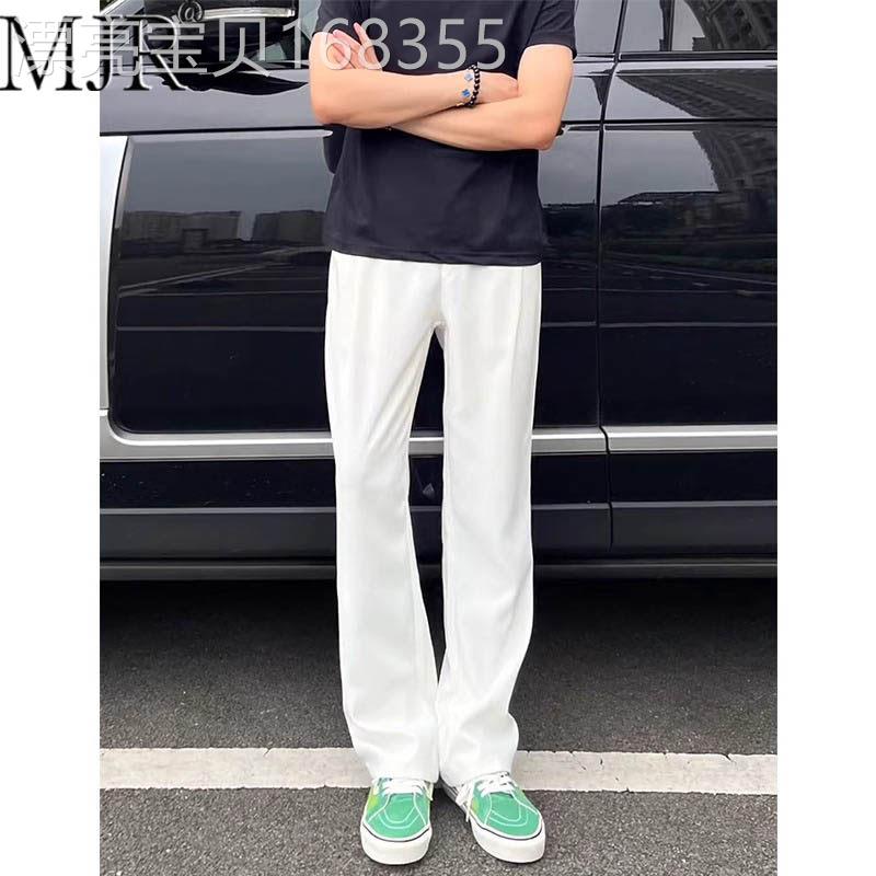 潮牌男士白色弯刀西裤高级感垂感冰丝男裤子男款夏天休闲直筒裤薄