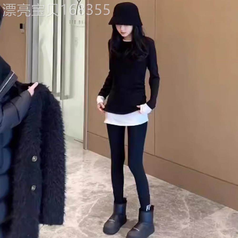 不规则磨毛假两件内搭打底衫女春秋修身显瘦中长款配鲨鱼裤的上衣