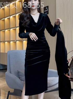 金丝绒洋装女春秋季深圳欧货长袖气质女人味小个子法式黑色裙子