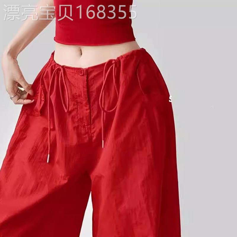 红色高腰系带阔腿裤女夏季欧货时尚百搭舒适洋气慵懒风工装休闲裤