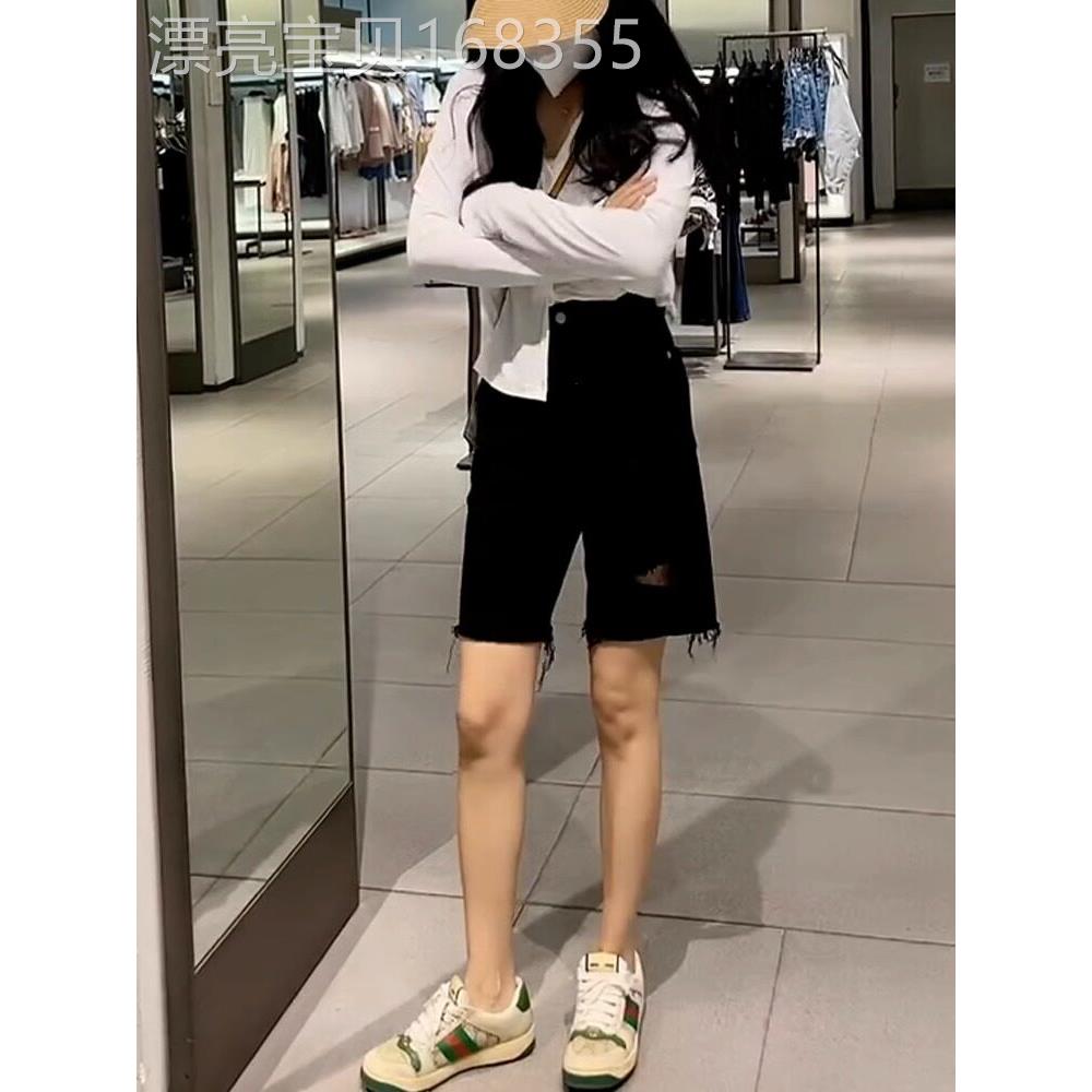 黑色破洞牛仔短裤女夏季2025新款宽松显瘦休闲五分裤毛边直筒五分