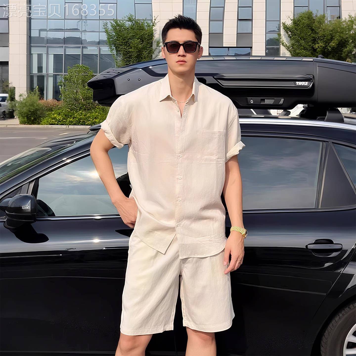 潮牌老钱风休闲运动套装男夏季新款松弛感短裤短袖衬衫外套两件套
