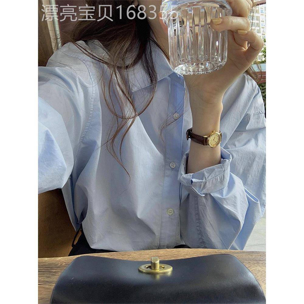 小个子蓝色长袖衬衫女士夏季新款设计感气质衬衫内搭叠穿上衣外套