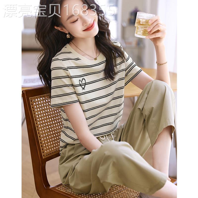 短袖套装女小个子夏季薄款2025新款时尚显瘦条纹T恤九分裤两件套