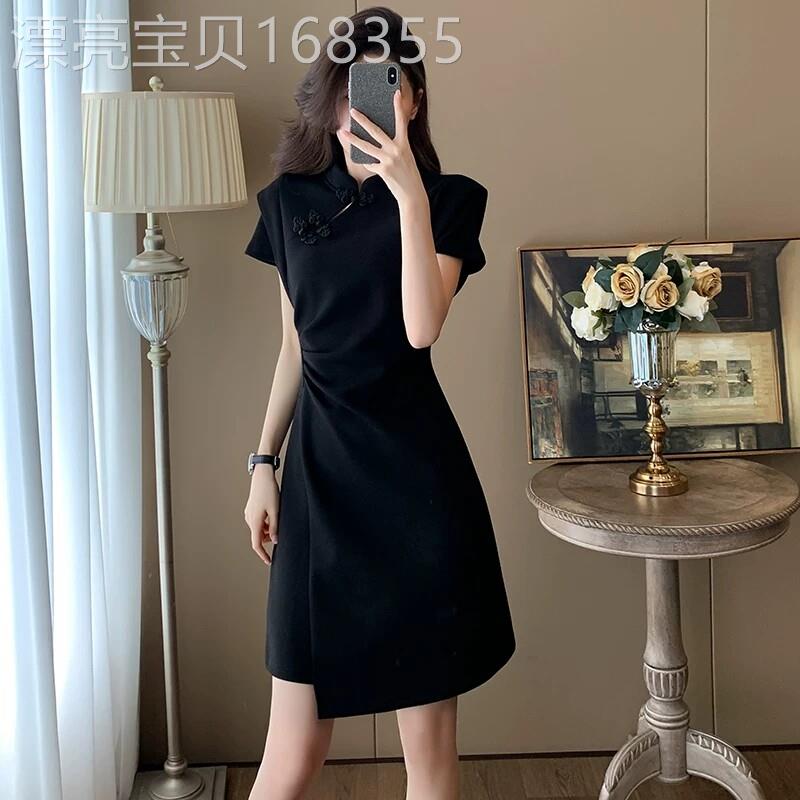 欧洲站新中式国风黑色连衣裙女2026新款夏季收腰改良旗袍小黑裙