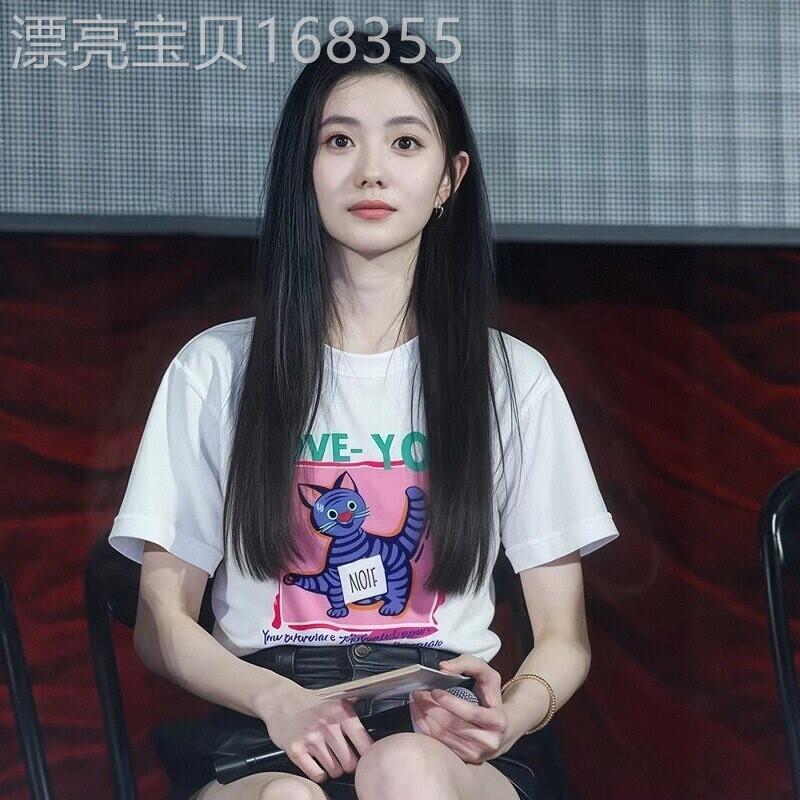 刘浩存同款2026新款白色卡通印花短袖T恤女装宽松显瘦百搭上衣服