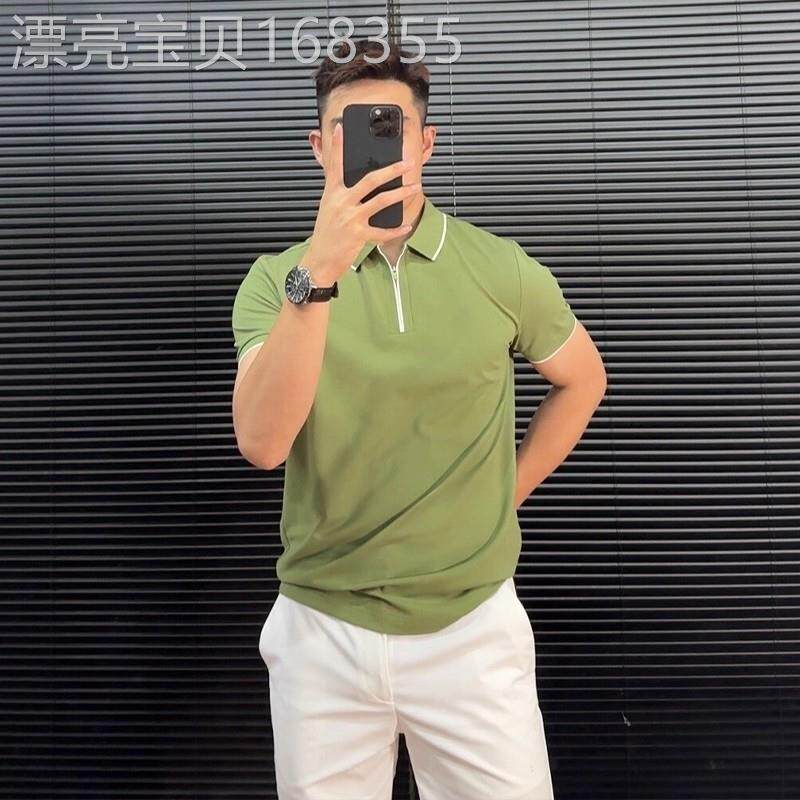 高端牛油果绿翻领短袖T恤男士2026新款夏季潮牌半拉炼POLO衫男款