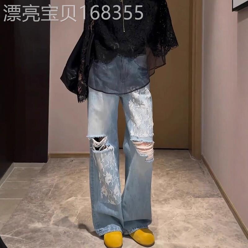 破洞直筒牛仔裤女夏季薄款2026新款高腰显瘦设计感蕾丝拼接阔腿裤