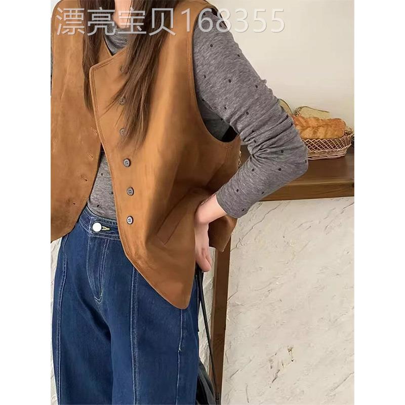 麂皮绒单排扣无袖马甲短外套女春秋欧货新款宽松外搭坎肩马夹上衣