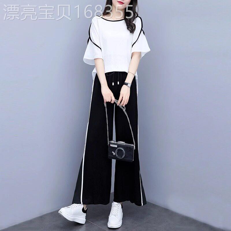 大尺码休闲运动套装女夏季2026新款减龄时尚洋派胖mm阔腿裤两件套