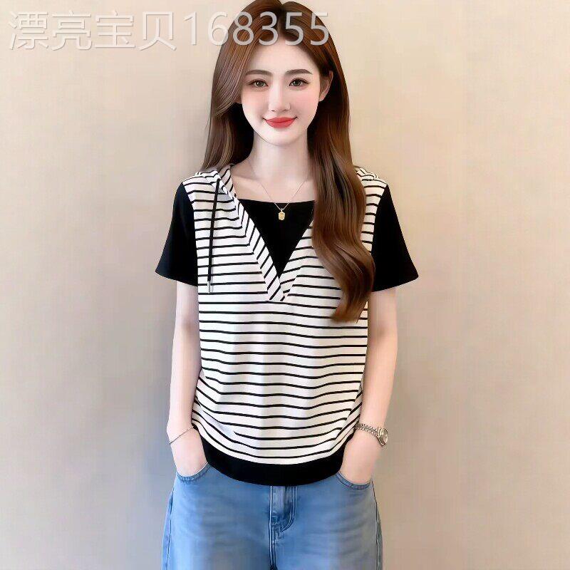 条纹假两件短袖t恤女夏季薄款2026新款大尺码宽松遮肚显瘦连帽上