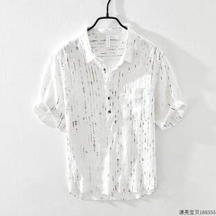 潮流个性 薄款 透气全麻寸衫 衬衣 碎花五分袖 男短袖 纯亚麻衬衫 夏季