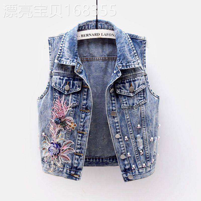 欧洲站牛仔马甲女短款春秋新款时尚车花贴布重工钉珠无袖坎肩上衣