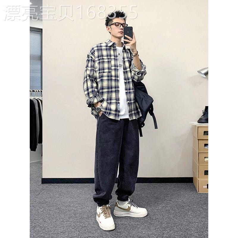 长袖格子衬衫套装男春秋季宽松翻领港风覆古休闲百搭衬衣外套搭配